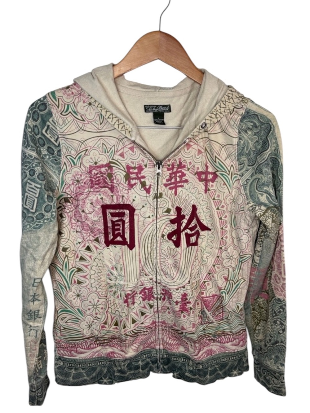 Y2K Lucky Brand Asian Floral Money Zip Hoodie Women Size L BLEMISH